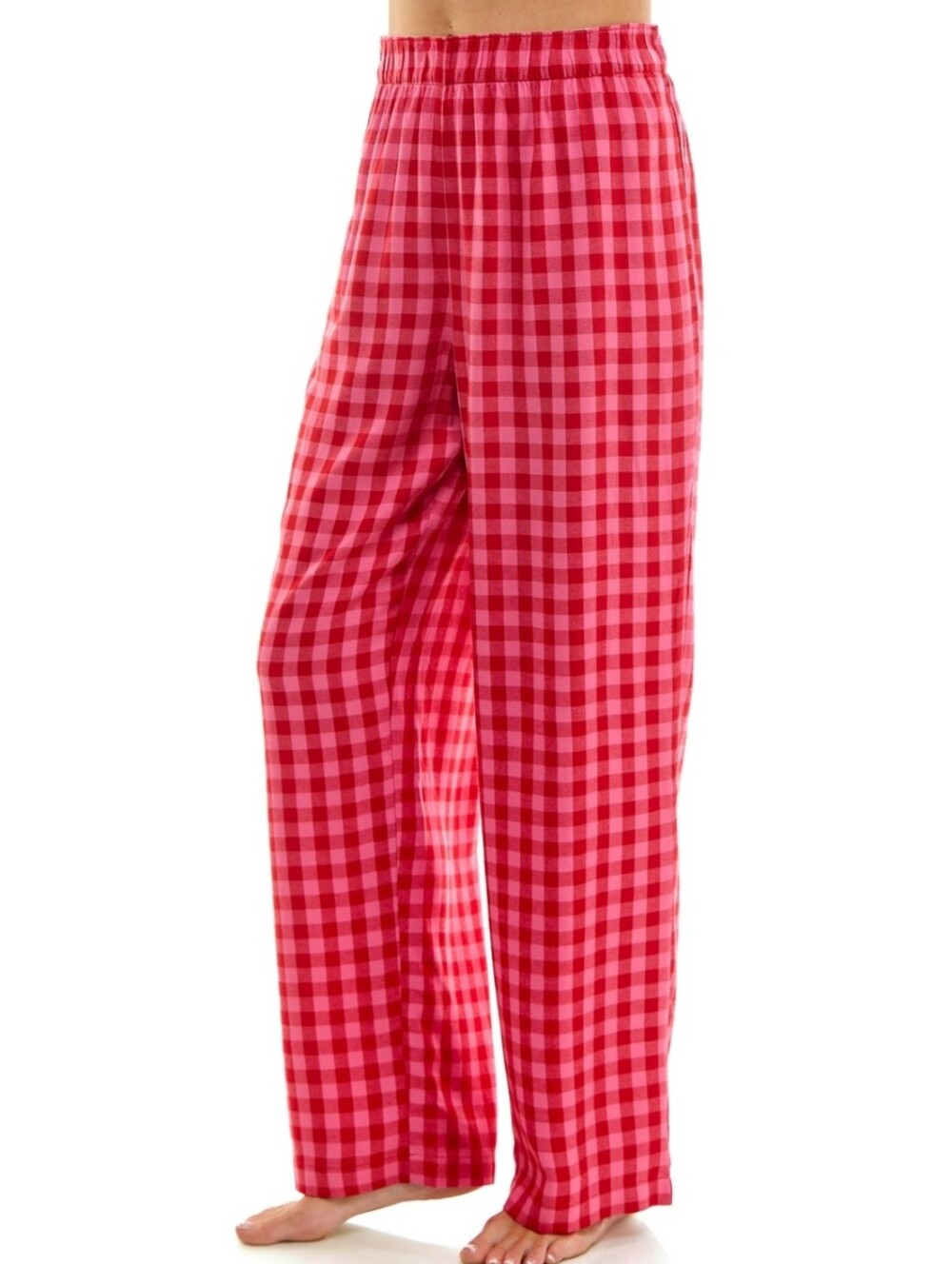 Roudelain Womens Pink Gingham Pajama Pant With Contrast Waistband